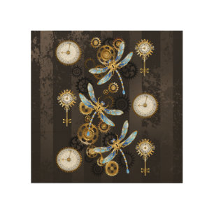 Steampunk Dragonflies on brown striped background Wood Wall Art