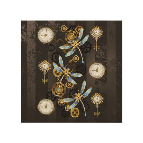 Steampunk Dragonflies on brown striped background Wood Wall Art