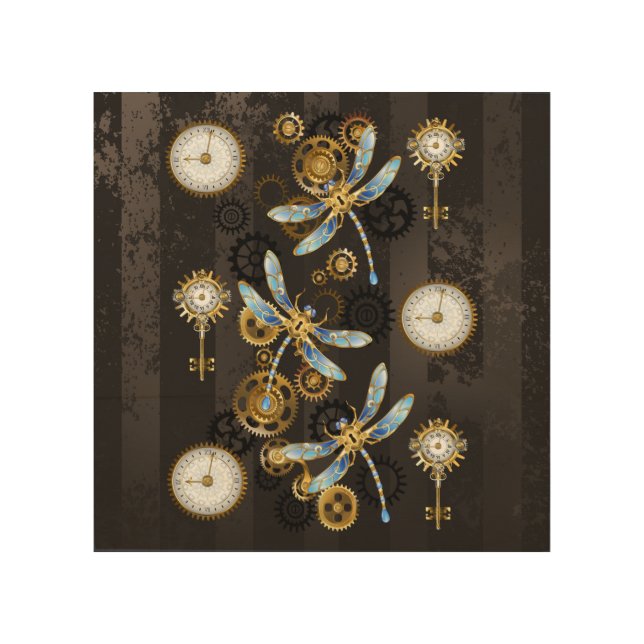 Steampunk Dragonflies on brown striped background Wood Wall Art (Front)