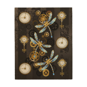 Steampunk Dragonflies on brown striped background Wood Wall Art