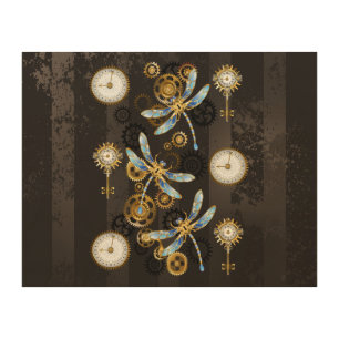 Steampunk Dragonflies on brown striped background Wood Wall Art