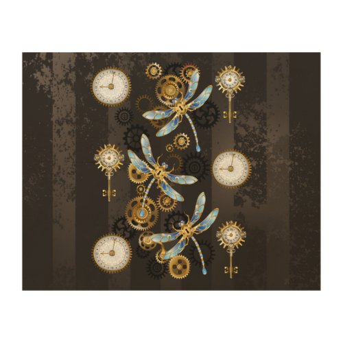 Steampunk Dragonflies on brown striped background Wood Wall Art