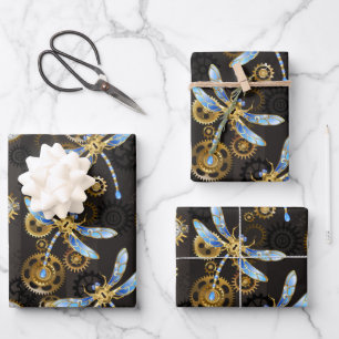 Steampunk Dragonflies on brown striped background Wrapping Paper Sheets