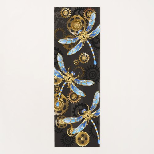 Steampunk Dragonflies on brown striped background Yoga Mat