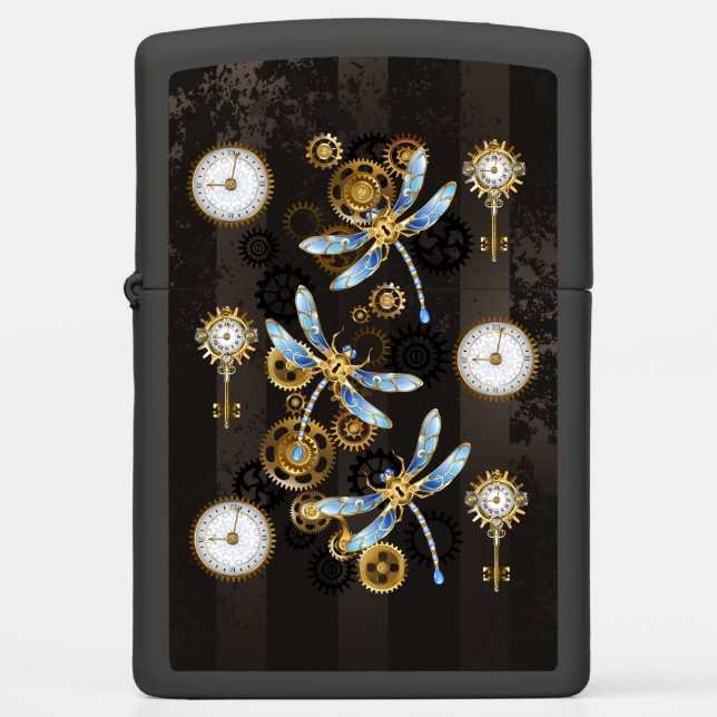 Steampunk Dragonflies on brown striped background Zippo Lighter (Front)