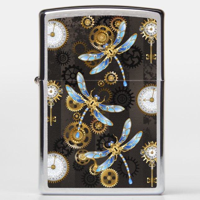 Steampunk Dragonflies on brown striped background Zippo Lighter (Front)