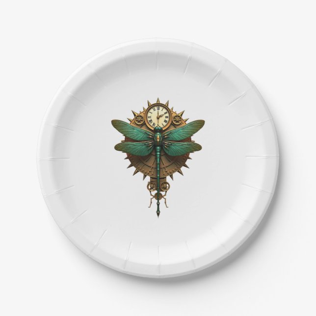 Steampunk Dragonfly Victorian Art Mechanical Steam Paper Plates (Front)