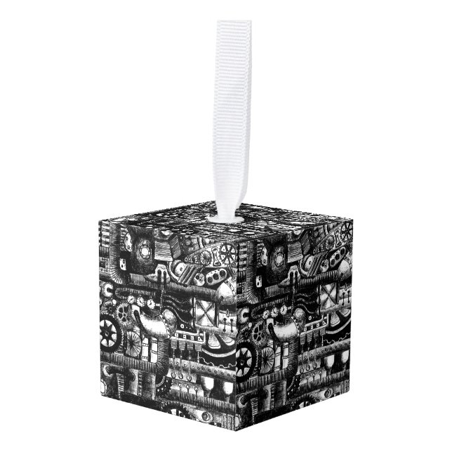steampunk draw machinery cartoon mechanism pattern cube ornament (Front Angled)