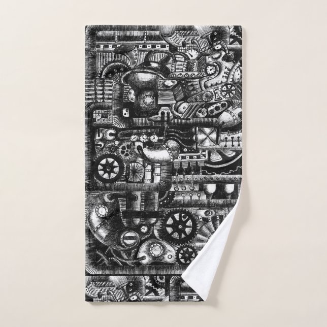 steampunk draw machinery cartoon mechanism pattern hand towel  (Hand Towel)
