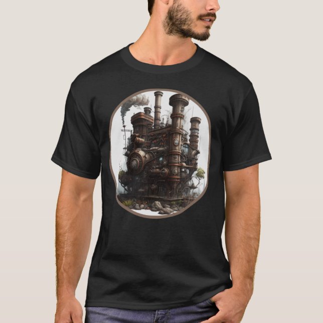 Steampunk Dystopian City Retro Scifi Mechanical Ge T-Shirt (Front)