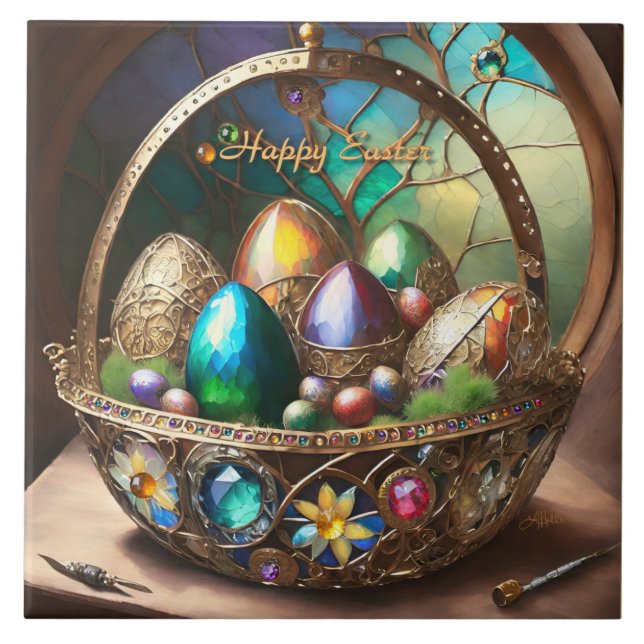 Steampunk Easter Basket Filled With Colorful Eggs Ceramic Tile (Front)