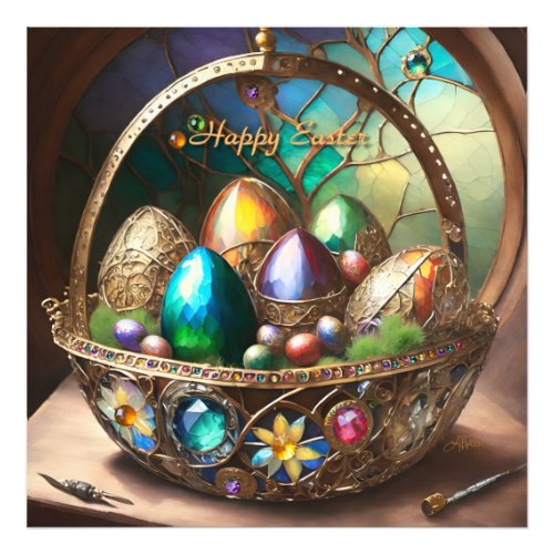 Steampunk Easter Basket Filled With Colorful Eggs Photo Print