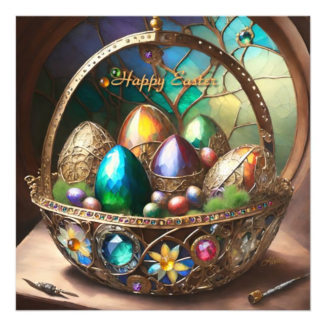 Steampunk Easter Basket Filled With Colorful Eggs Photo Print (Front)