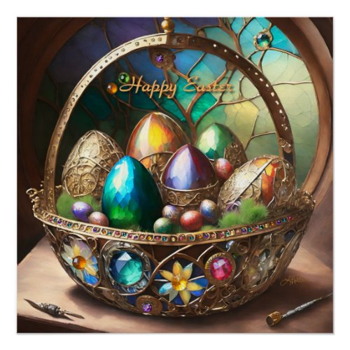 Steampunk Easter Basket Filled With Colorful Eggs Poster