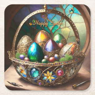 Steampunk Easter Basket Filled With Colorful Eggs Square Paper Coaster