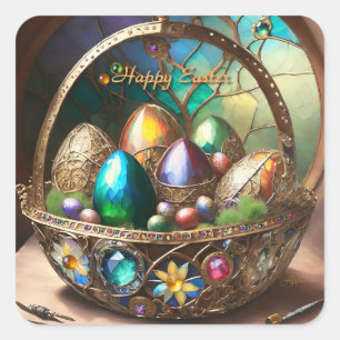 Steampunk Easter Basket Filled With Colorful Eggs Square Sticker