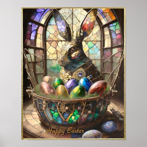 Steampunk Easter Bunny and Colorful Eggs in Basket Poster