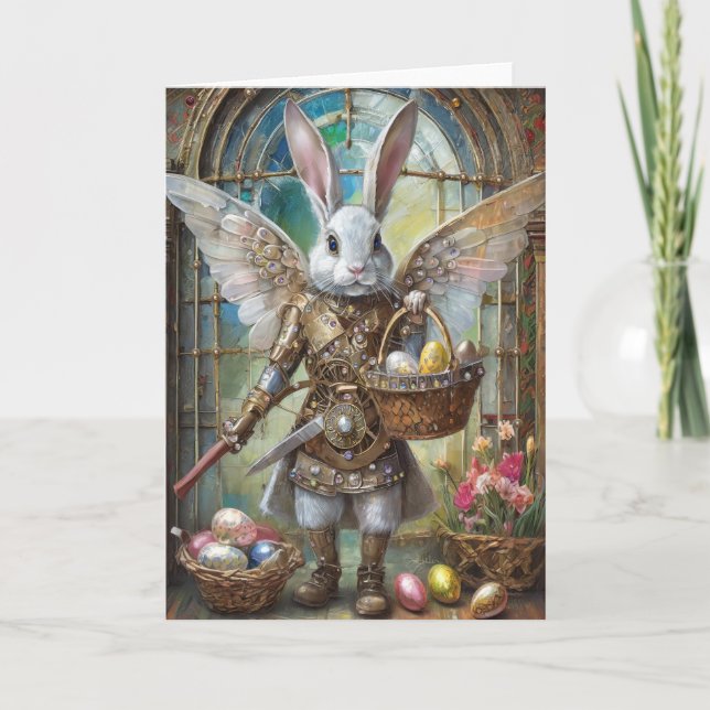 Steampunk Easter Bunny Warrior Angel Card (Front)