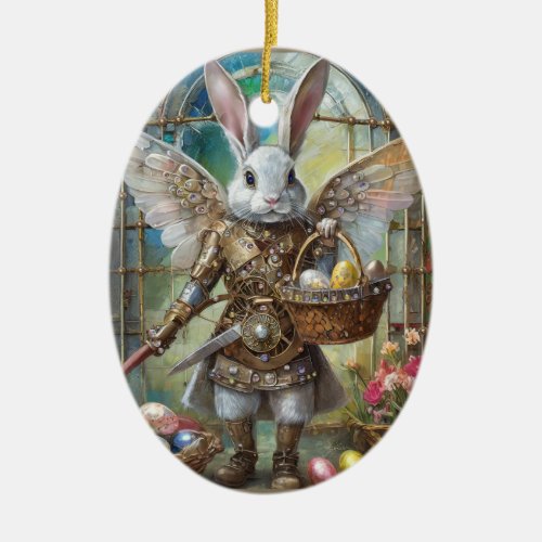 Steampunk Easter Bunny Warrior Angel Ceramic Ornament