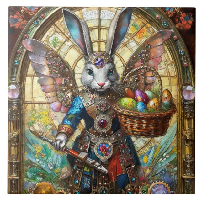 Steampunk Easter Bunny Warrior Angel Ceramic Tile (Front)