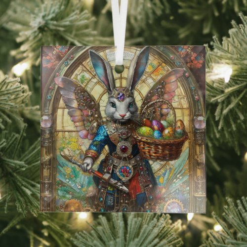 Steampunk Easter Bunny Warrior Angel Glass Ornament