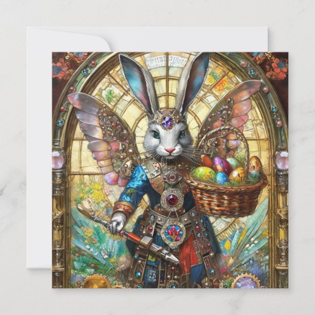 Steampunk Easter Bunny Warrior Angel Holiday Card (Front)