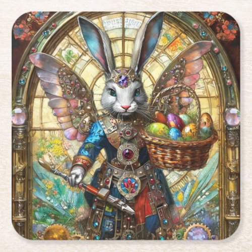 Steampunk Easter Bunny Warrior Angel Square Paper Coaster
