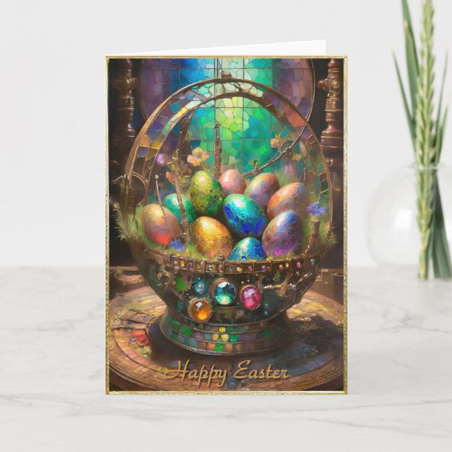 Steampunk Easter Colorful Eggs in Basket Holiday Card (Front)