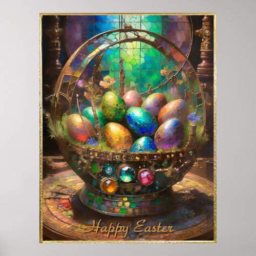 Steampunk Easter Colorful Eggs in Basket  Poster