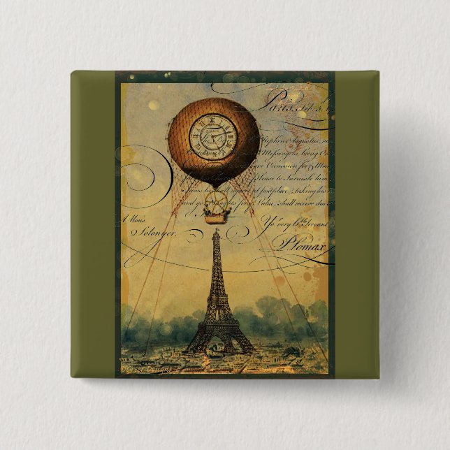 Steampunk Eiffel Tower & Hot Air Balloon Button (Front)