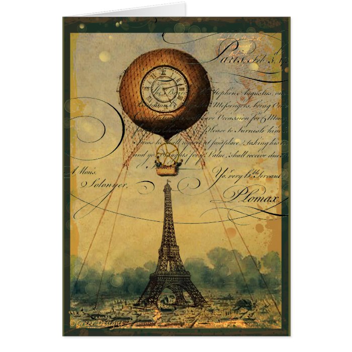 Steampunk Eiffel Tower & Hot Air Balloon Greeting Card