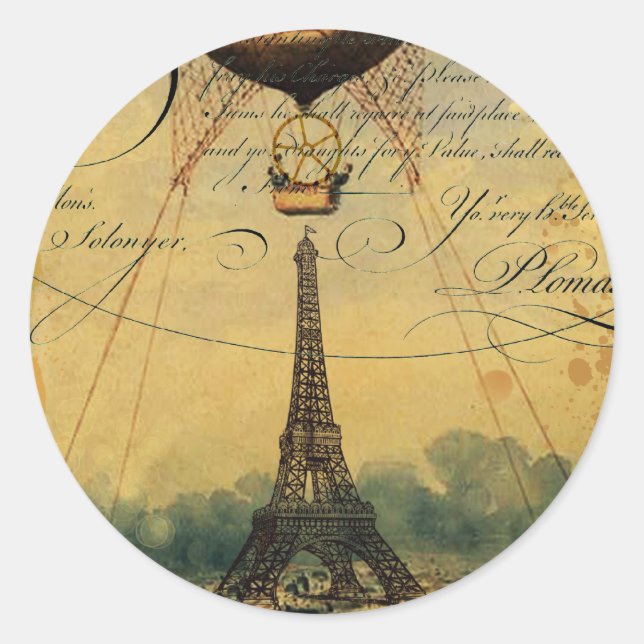 Steampunk Eiffel Tower & Hot Air Balloon Classic Round Sticker (Front)
