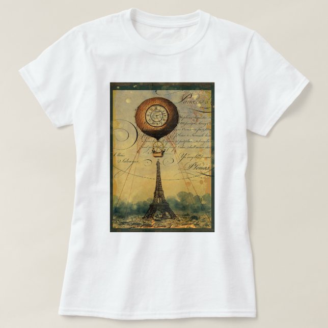 Steampunk Eiffel Tower & Hot Air Balloon T-Shirt (Design Front)