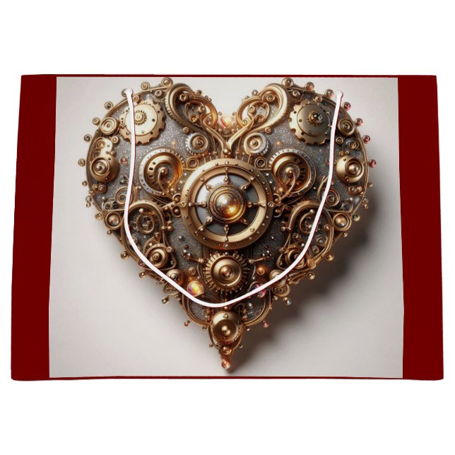 Steampunk Elegant Clockwork Gear Heart Large Gift Bag (Front)