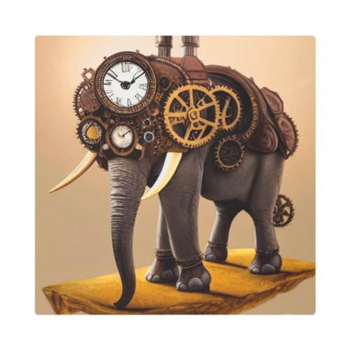 Steampunk elephant with clock Metal Wall Art