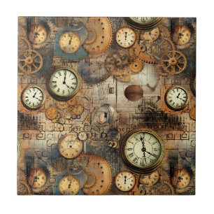 Steampunk Engineering Blueprint Brown Brass Ceramic Tile