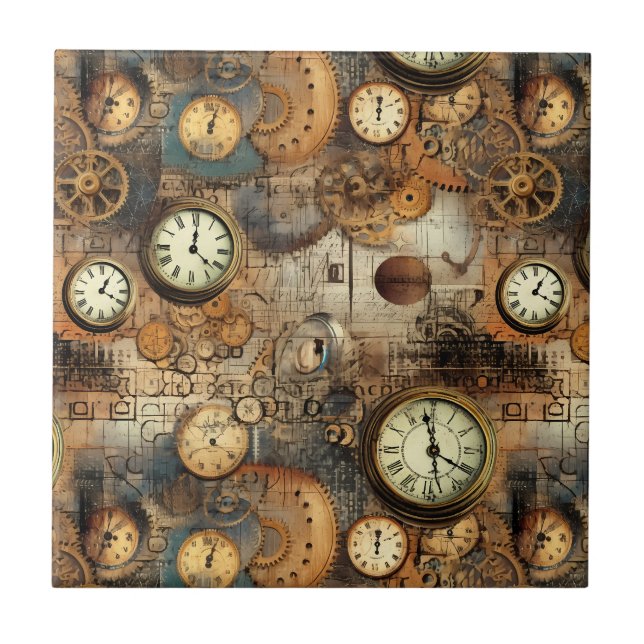 Steampunk Engineering Blueprint Brown Brass Ceramic Tile (Front)
