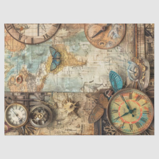 Steampunk Ephemera Clock Map Gears Decoupage Tissue Paper