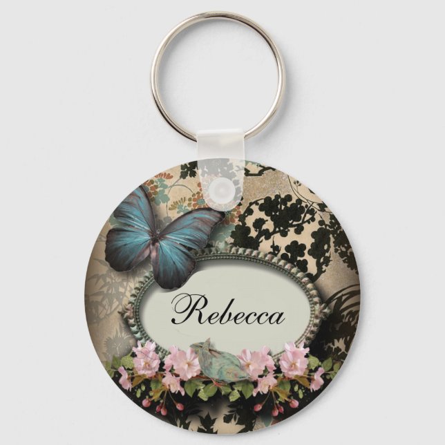 steampunk Ephemera floral Butterfly victorian Keychain (Front)