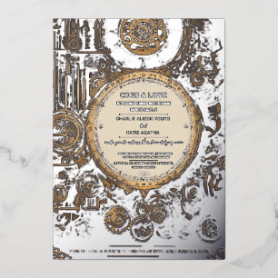 Steampunk Extravaganza Vintage Clockwork Wedding Foil Invitation
