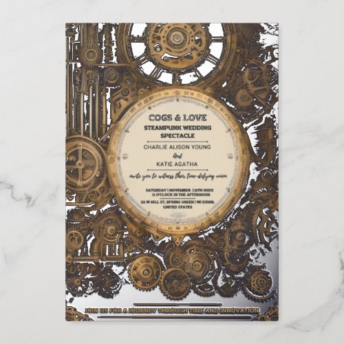 Steampunk Extravaganza Vintage Clockwork Wedding Foil Invitation