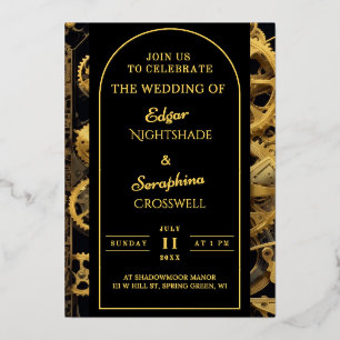 Steampunk Extravaganza Vintage Clockwork Wedding Foil Invitation
