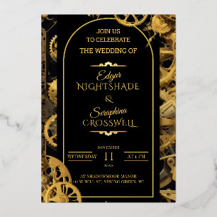 Steampunk Extravaganza Vintage Clockwork Wedding Foil Invitation