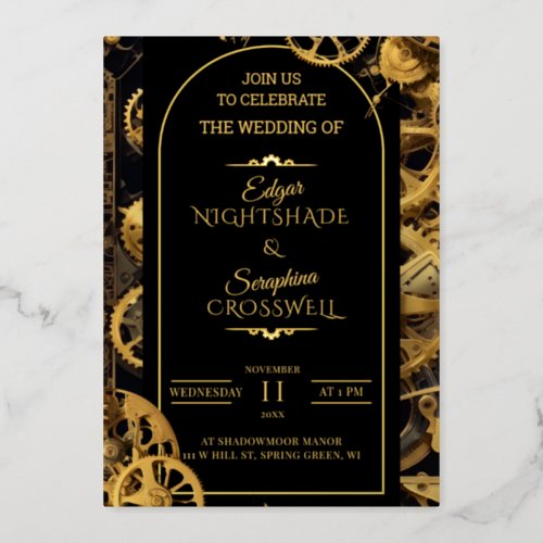 Steampunk Extravaganza Vintage Clockwork Wedding Foil Invitation