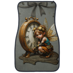 Steampunk Fairy with Golden Wings & Antique Clock Car Floor Mat