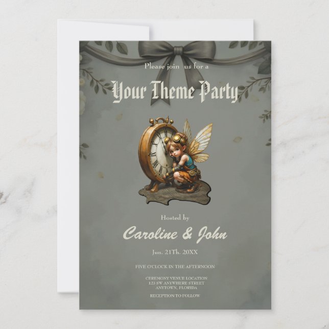 Steampunk Fairy with Golden Wings & Antique Clock  Invitation (Front)