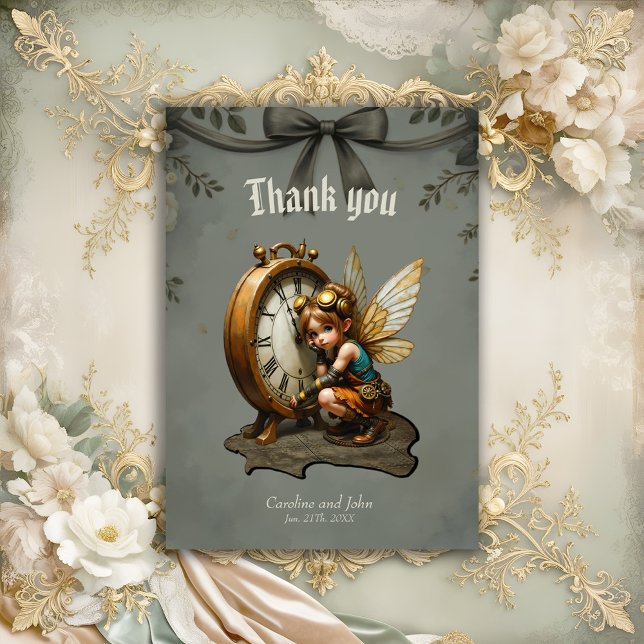 Steampunk Fairy with Golden Wings & Antique Clock  Thank You Card (Creator Uploaded)