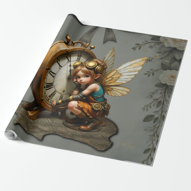 Steampunk Fairy with Golden Wings & Antique Clock  Wrapping Paper (Unrolled)