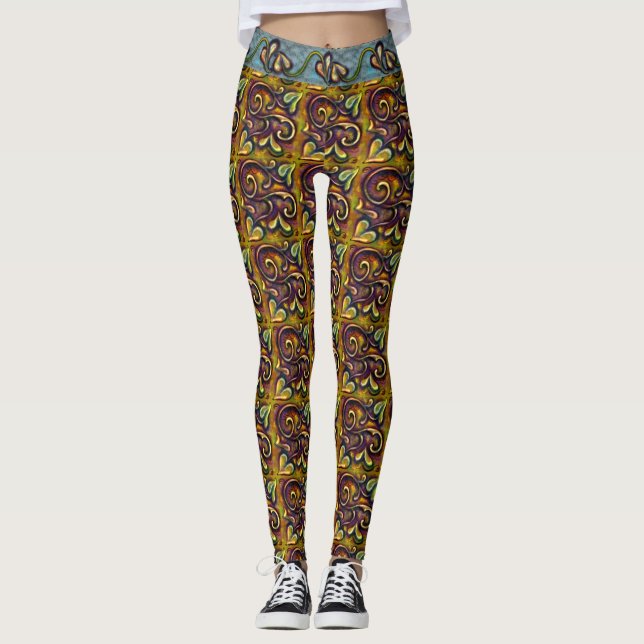 Steampunk Fairytale Gilded Brass Leafy Vine Print Leggings (Front)