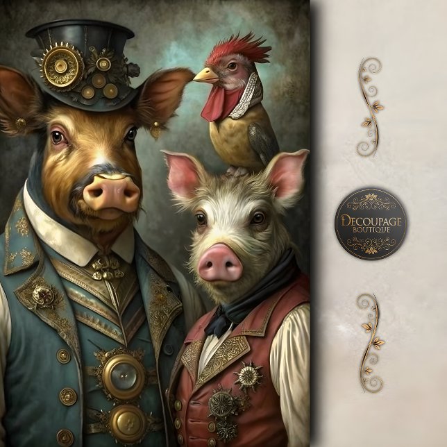 Steampunk Farm Animal Whimsical Vintage Decoupage Tissue Paper (Steampunk Farm Animal Portrait – Whimsical Vintage Art Decoupage Tissue Paper)